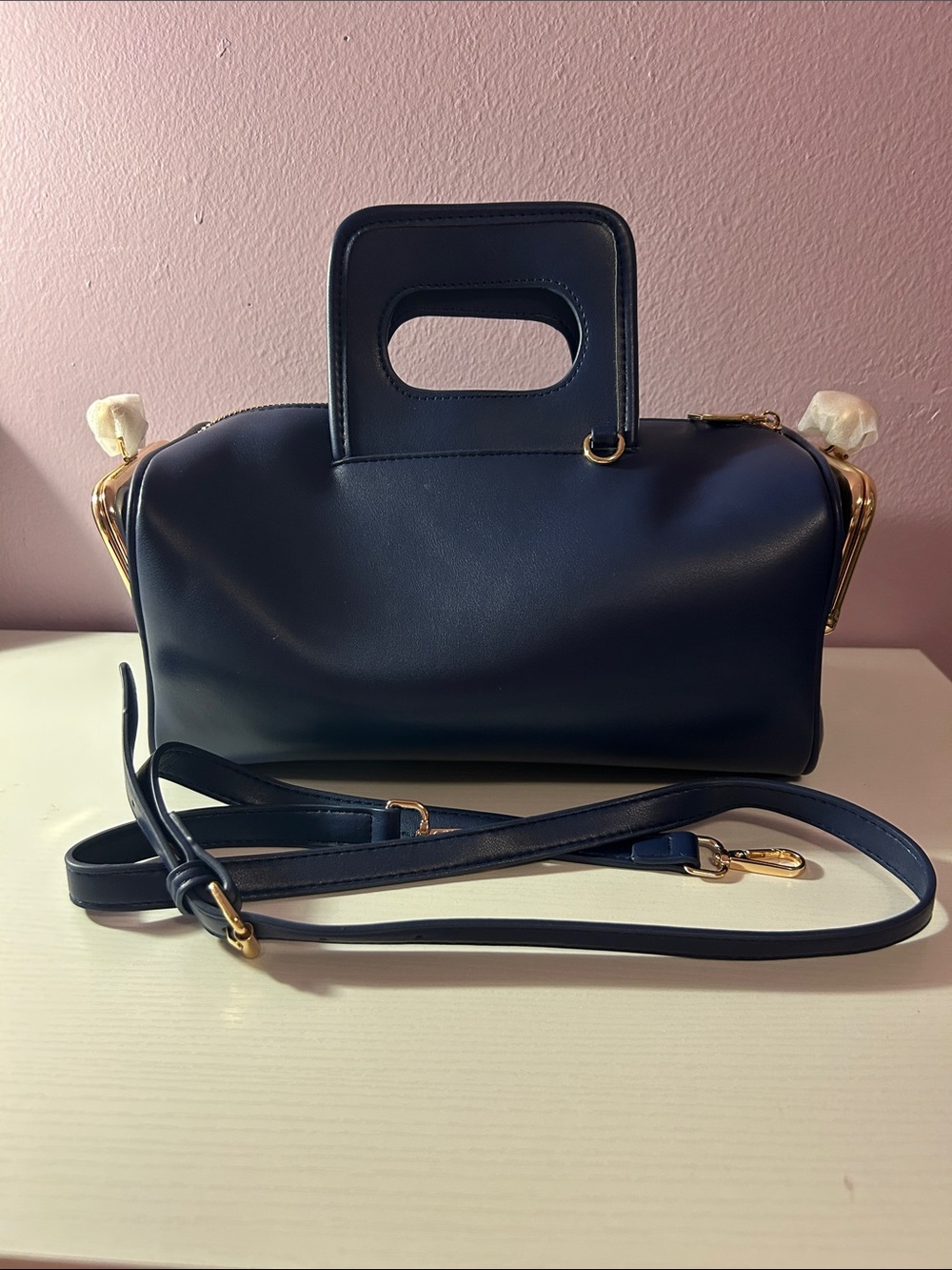 Navy PU Leather Top-Handle Satchel with Gold Hardware